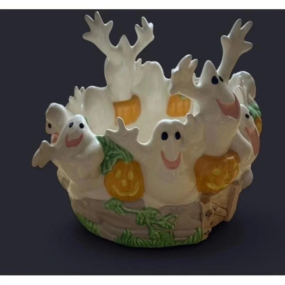 Ceramic Halloween Ghost and Pumpkin Candy Bowl Festive Spooky Decor